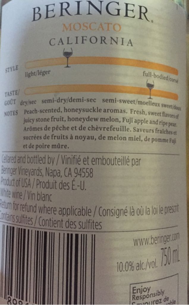 Moscato California 2014 - Beringer Vineyards (750 mL) alcohol collectible [Barcode 089819067206] - Main Image 2