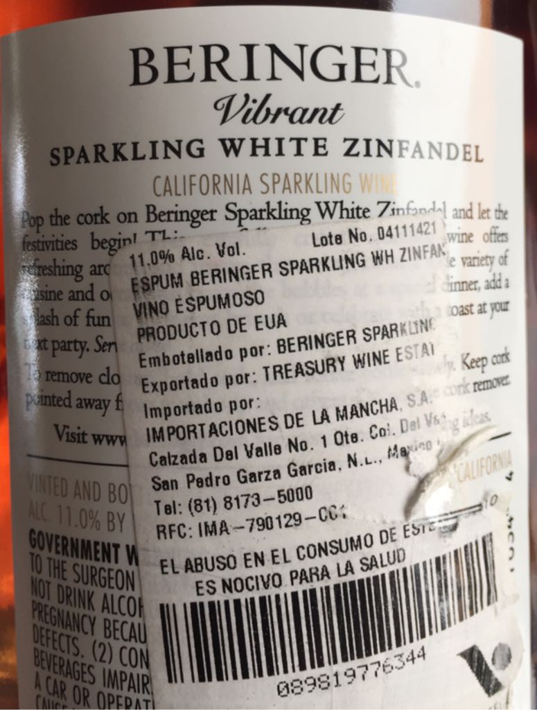White Zinfandel Beringer - Beringer Vineyards (750 mL) alcohol collectible [Barcode 089819776344] - Main Image 2