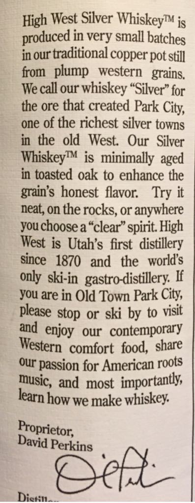 High West Silver Whiskey Western Oat - High West Distillery (750 mL) alcohol collectible [Barcode 094922006134] - Main Image 2