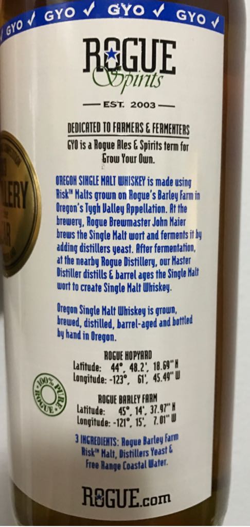 Rogue Spirits Oregon Single Malt Whiskey - Rogue Spirits (750 mL) alcohol collectible [Barcode 095301144119] - Main Image 2