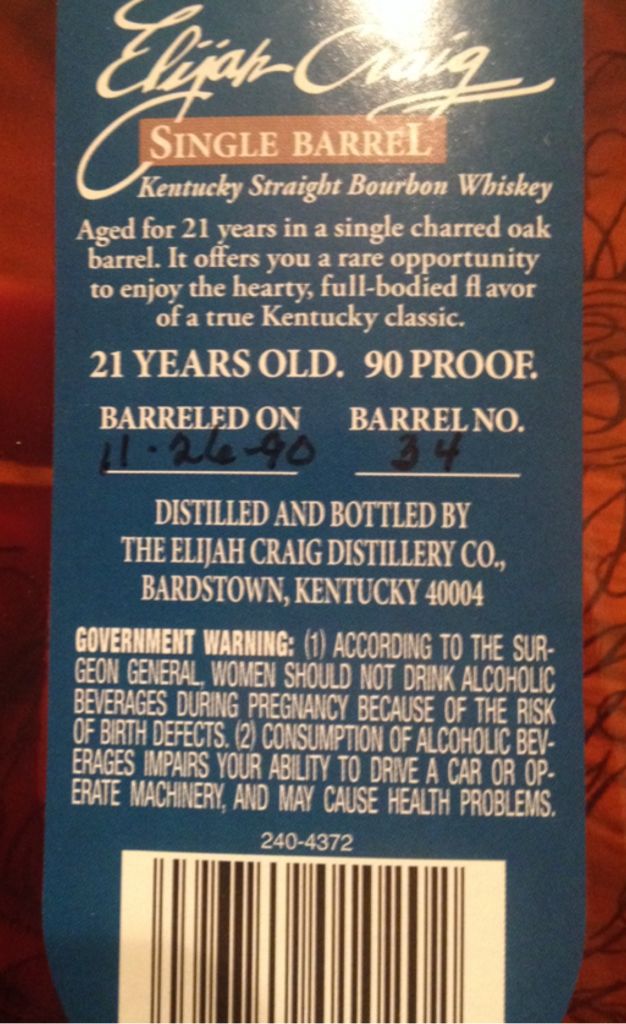 Elijah Craig 21 Yr Old Single Barrel - The Elijah Craig Distillery Co. (750 mL) alcohol collectible [Barcode 096149010802] - Main Image 2