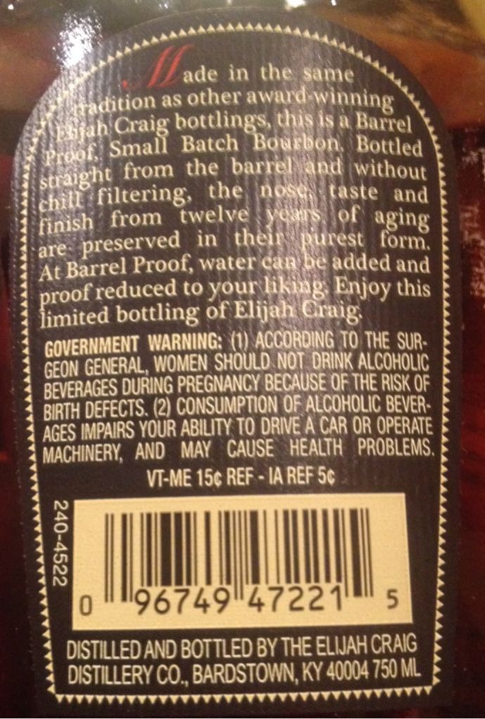 Elijah Craig Barrel Proof - The Elijah Craig Distillery Co. (750 mL) alcohol collectible [Barcode 096149472815] - Main Image 2