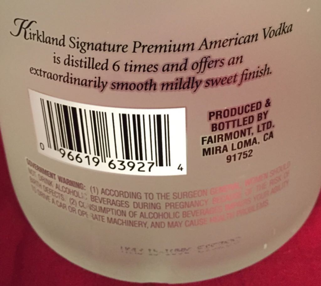 Vodka Kirkland Signature American - Fairmont, LTD. (1.75L) alcohol collectible [Barcode 096619639274] - Main Image 2