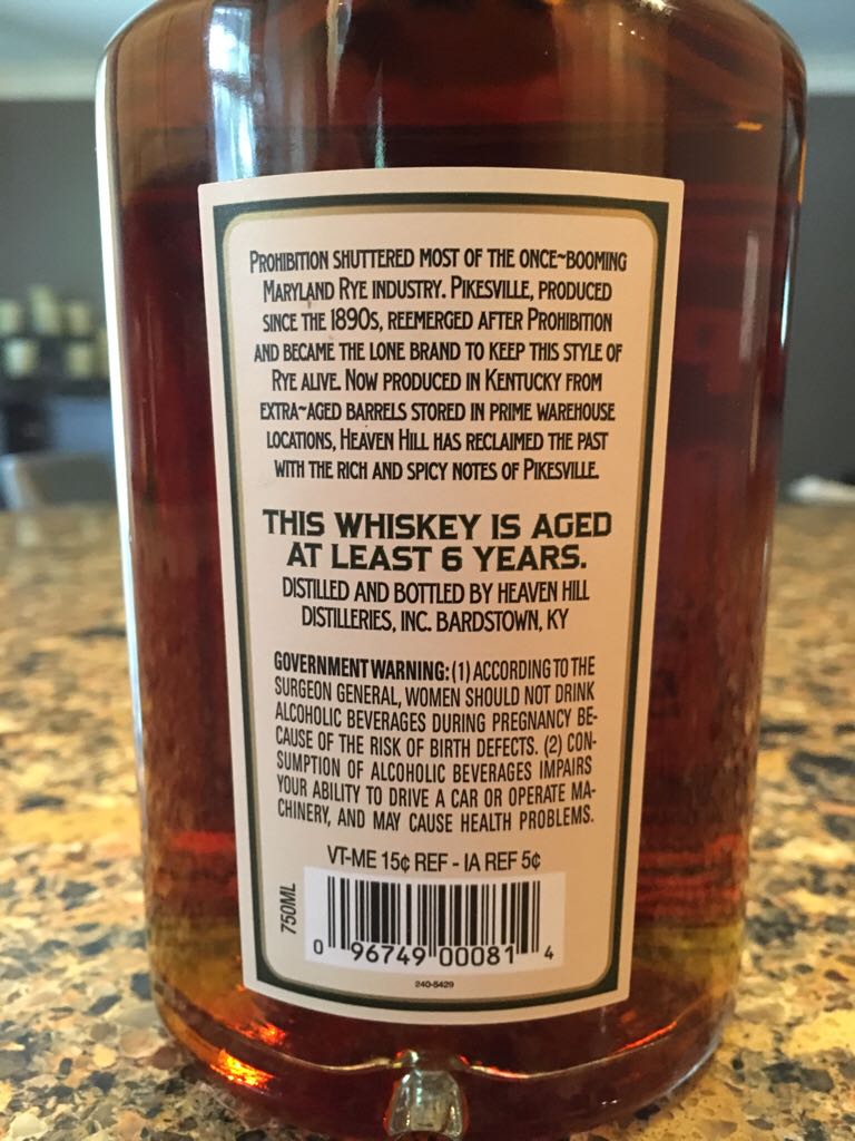 Pikesville Straight Rye Whiskey - Heaven Hill Distillery (750mL) alcohol collectible [Barcode 096749000814] - Main Image 2