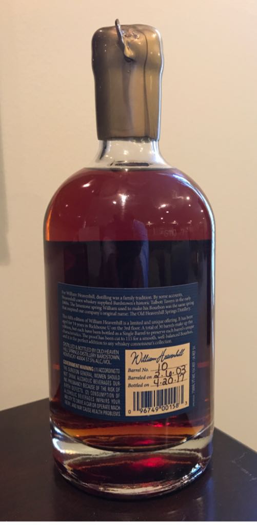 William Heavenhill  14 Yr Bourbon - Old Heaven Hill Springs Distillery (750 mL) alcohol collectible [Barcode 096749001583] - Main Image 2