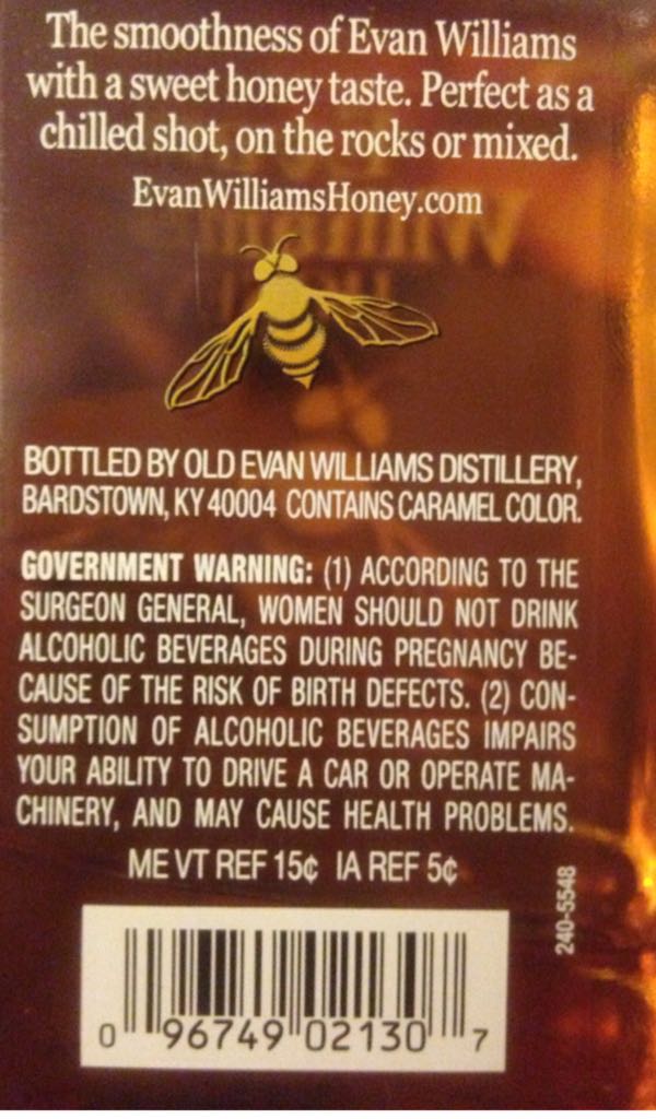 Evan Williams Honey - Old Evan Williams Distillery (50 mL) alcohol collectible [Barcode 096749021307] - Main Image 2