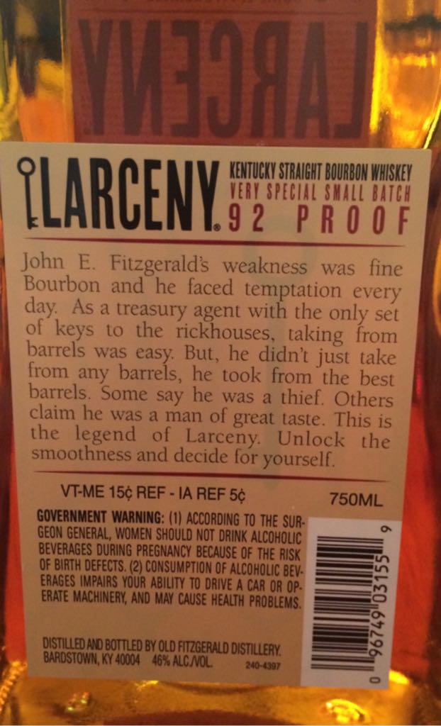 Larceny - Old Fitzgerald Distillery (750 mL) alcohol collectible [Barcode 096749031559] - Main Image 2