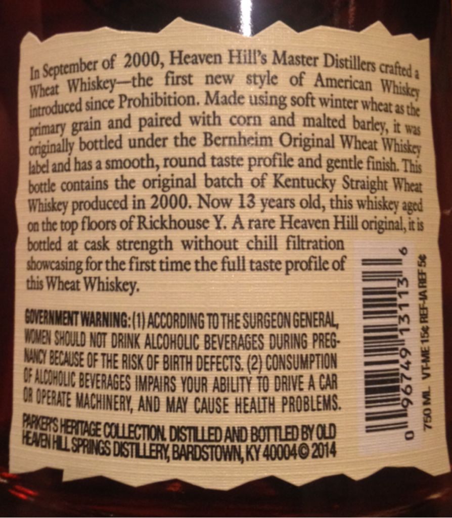 Parker’s Heritage Collection 13 yr Wheat - Old Heaven Hill Springs Distillery (750 mL) alcohol collectible [Barcode 096749131136] - Main Image 2