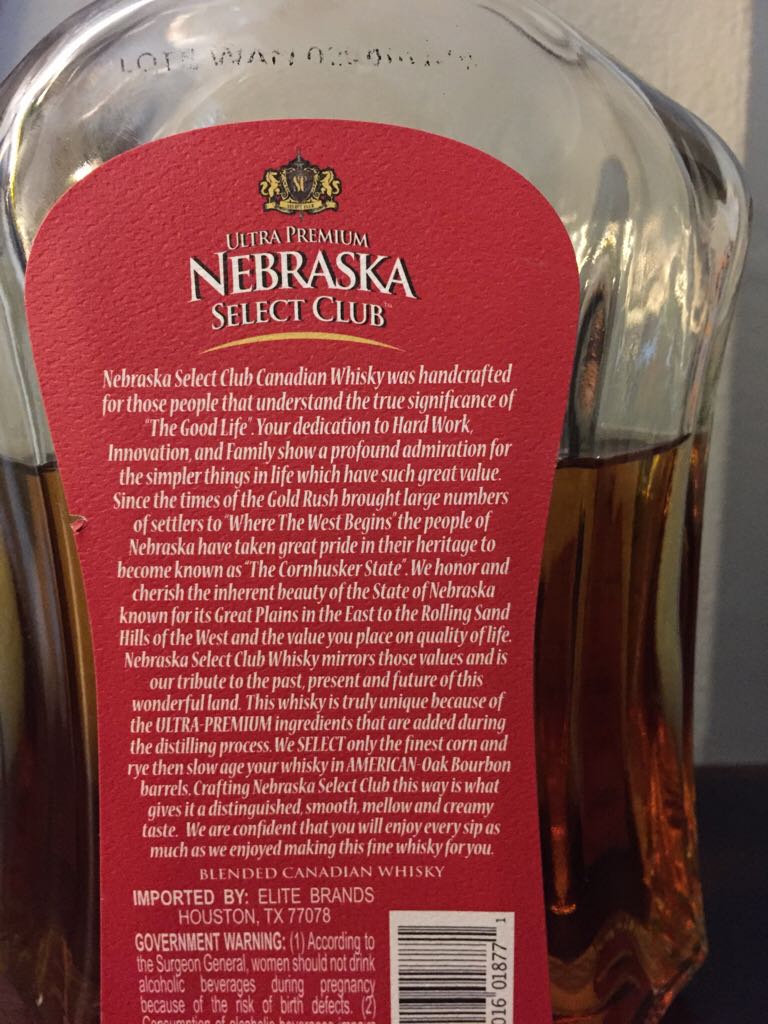 Nebraska Select Club - Ultra Premium alcohol collectible [Barcode 009016018771] - Main Image 2