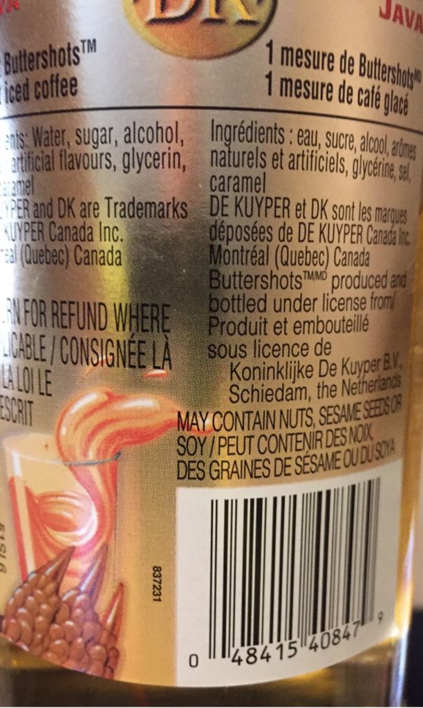 Butter Shots - De Kuyper (750 mL) alcohol collectible [Barcode 048415408479] - Main Image 2