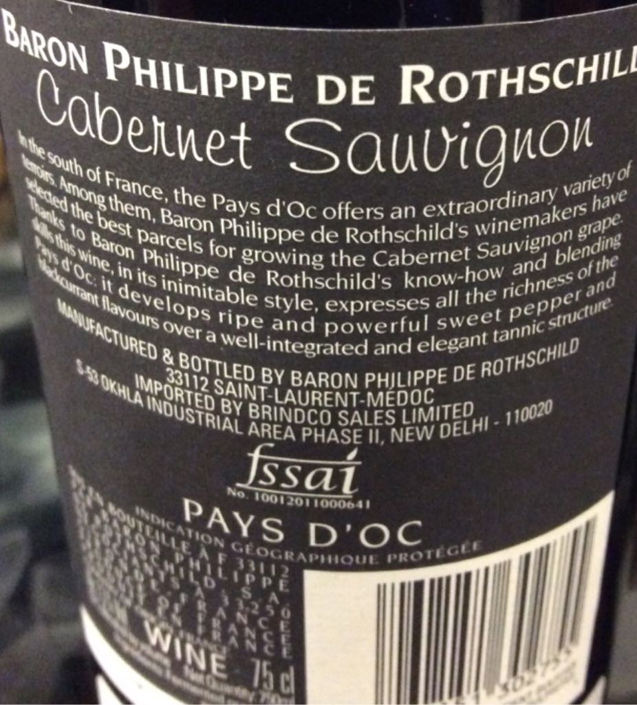Les Cepages Cabernet Sauvignon Vin de Pays d’Oc - 2011 Baron Philippe de - Baron Philippe De Rothschild (750 mL) alcohol collectible [Barcode 3262151302755] - Main Image 2