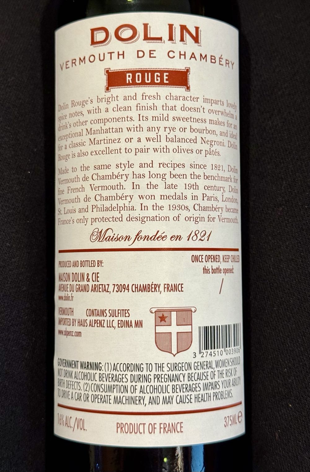 Dolin Rouge Vermouth - Louis Ferdinand Dolin (375 mL) alcohol collectible [Barcode 3274510003906] - Main Image 2