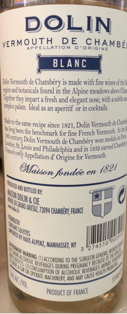 Dolin Blanc Vermouth - Dolin (375 mL) alcohol collectible [Barcode 3274510003913] - Main Image 2