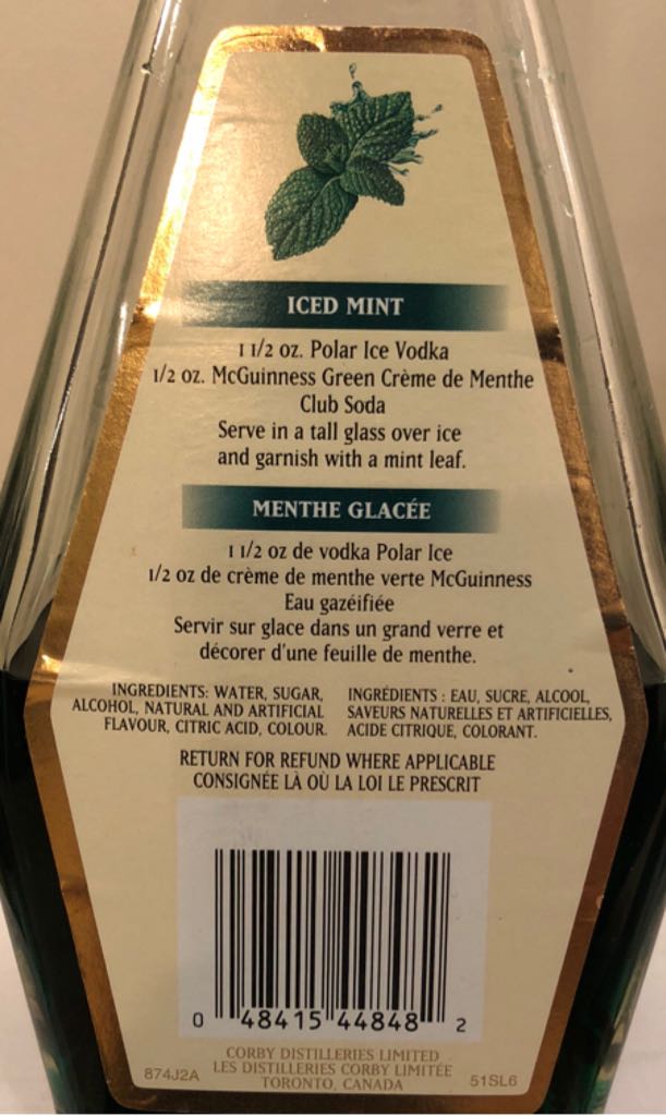 McGuinness Crème De Menthe White - Corby Spirit And Wine Limited (750 mL) alcohol collectible [Barcode 048415448482] - Main Image 2