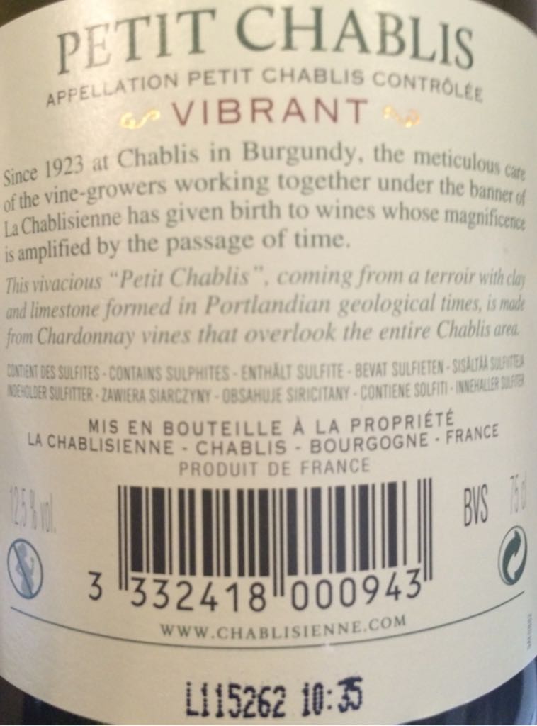 Petit Chablis Vibrant - La Chablisienne (750 mL) alcohol collectible [Barcode 3332418000943] - Main Image 2