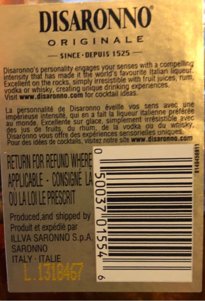 Disaronno Originale Amaretto - Illva Saronno S.p.A. - Italy (50 mL) alcohol collectible [Barcode 050037015546] - Main Image 2