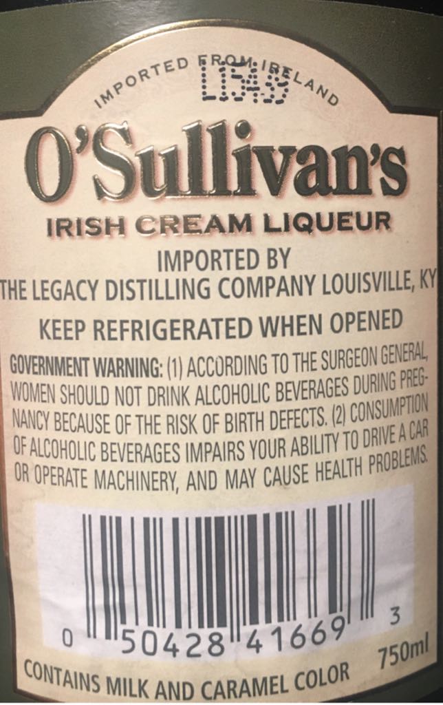 O’Sullivan’s Irish Cream Liqueur - The Legacy Distilling Company (750 mL) alcohol collectible [Barcode 050428416693] - Main Image 2