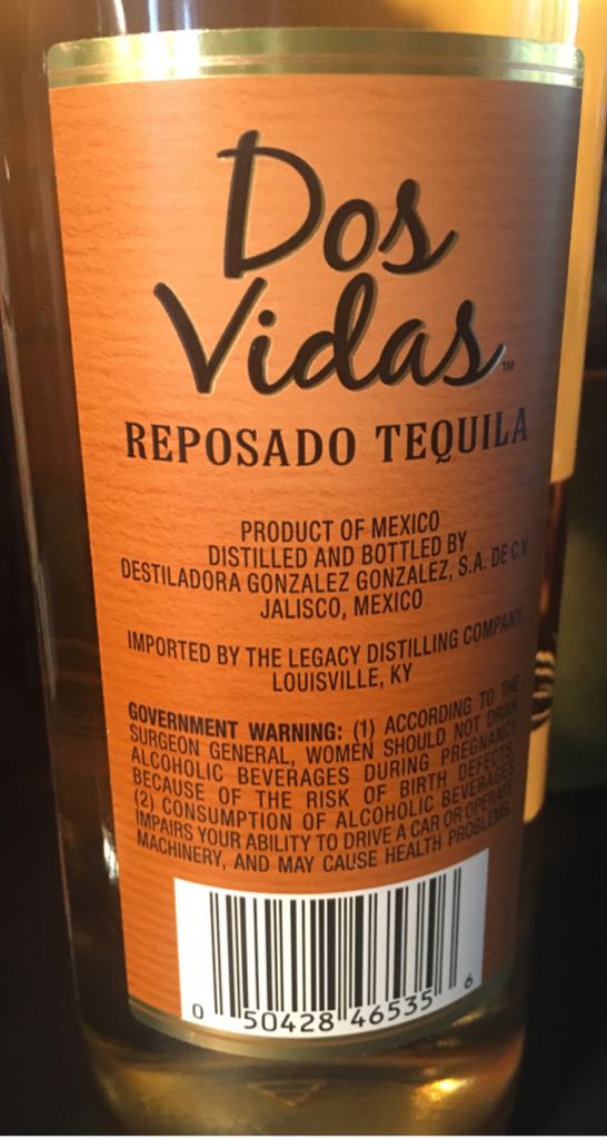 Dos Vidas Reposado Tequila  - Distiladora Gonzalez (750 mL) alcohol collectible [Barcode 050428465356] - Main Image 2