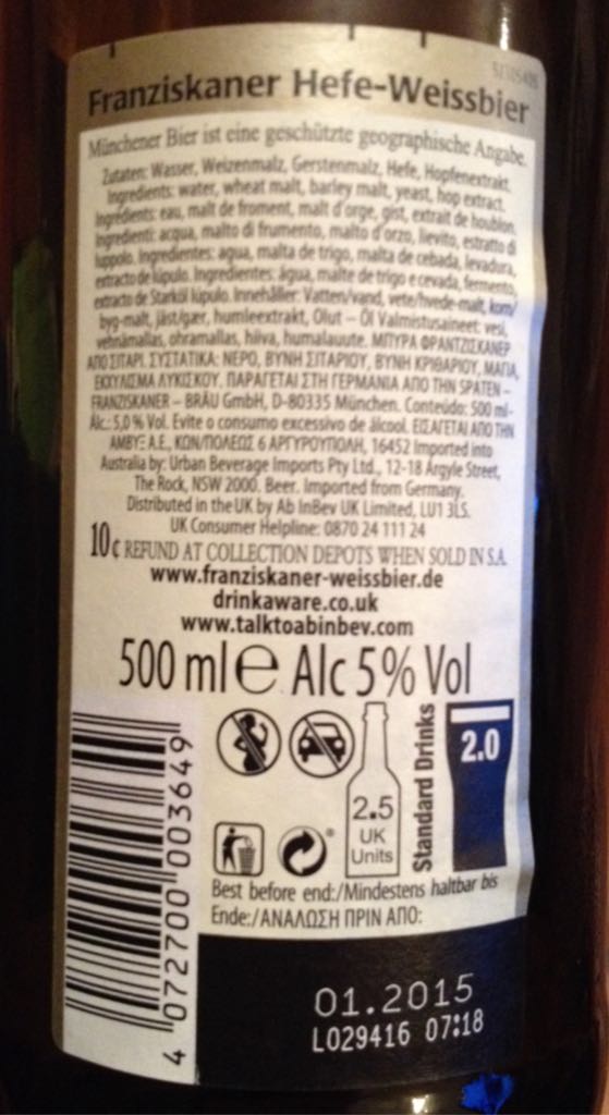 Franziskaner Weissbier - Munich (500 mL) alcohol collectible [Barcode 4072700003649] - Main Image 2