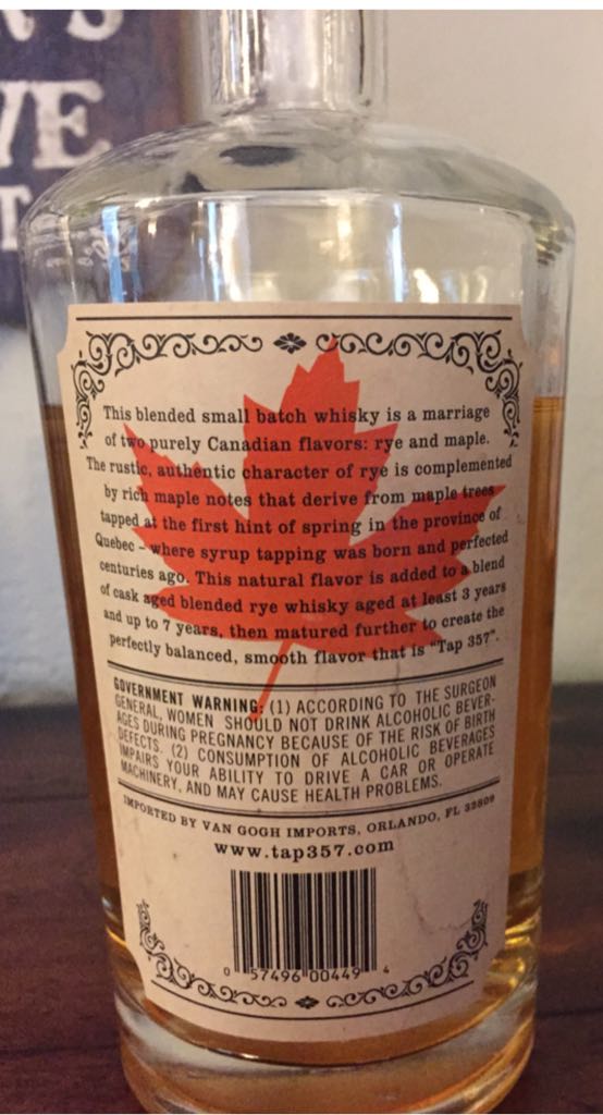 Tap 357 Maple Rye Whiskey - Van Gogh Imports (750 mL) alcohol collectible [Barcode 057496004494] - Main Image 2