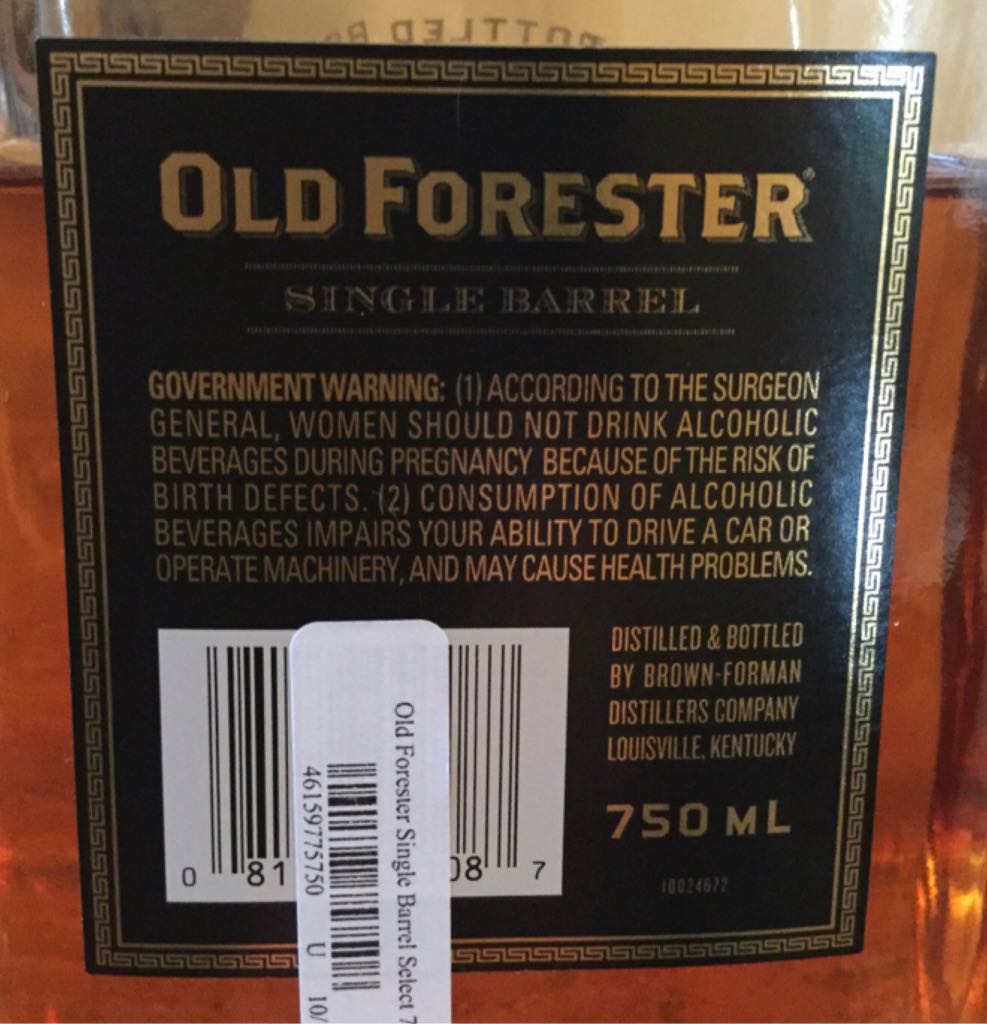 Old Forester Single Barrel Bourbon - Brown Foreman Distillers, Louisville, KY (750  mL) alcohol collectible [Barcode 461597757508] - Main Image 2