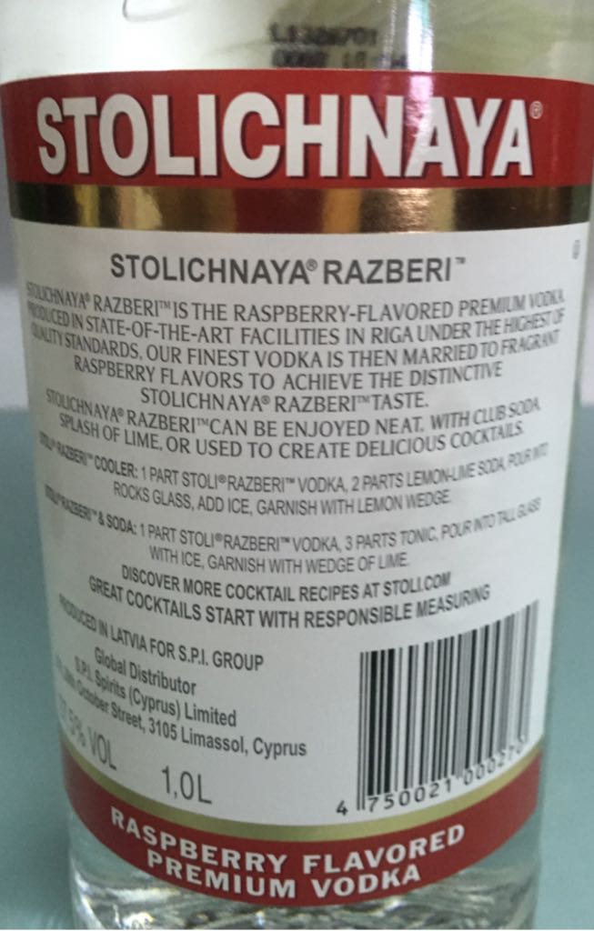 Stolichnaya Stoli Razberi  - Latvia (1L) alcohol collectible [Barcode 4750021000270] - Main Image 2