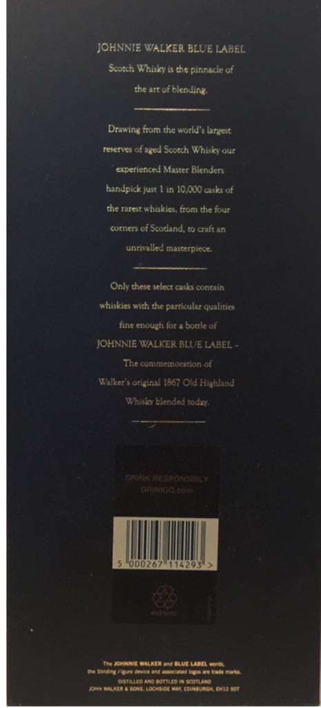 Johnnie Walker Blue Label 1L - Johnnie Walker & Sons (1000 mL) alcohol collectible [Barcode 5000267114293] - Main Image 2