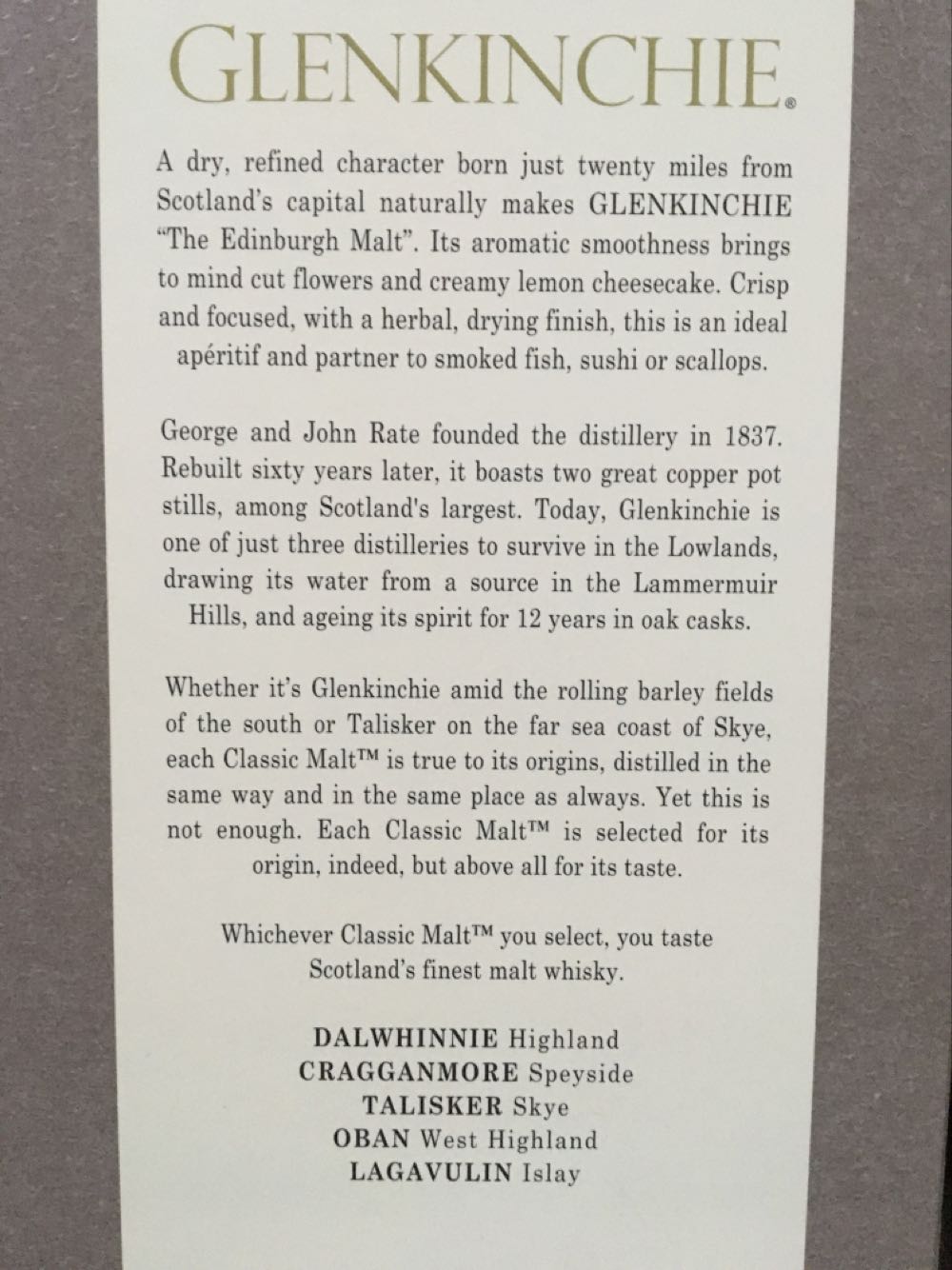 Glenkinchie 12 Year Old Whisky - Glenkinchie Distillery (700 mL) alcohol collectible [Barcode 5000281021942] - Main Image 4