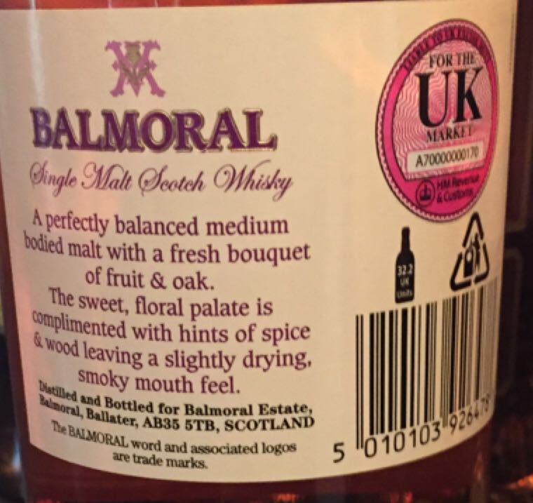 BALMORAL Highland Single Malt Scotch Whisky - The Royal Lochnagar Distillery (700 mL) alcohol collectible [Barcode 5010103926478] - Main Image 2
