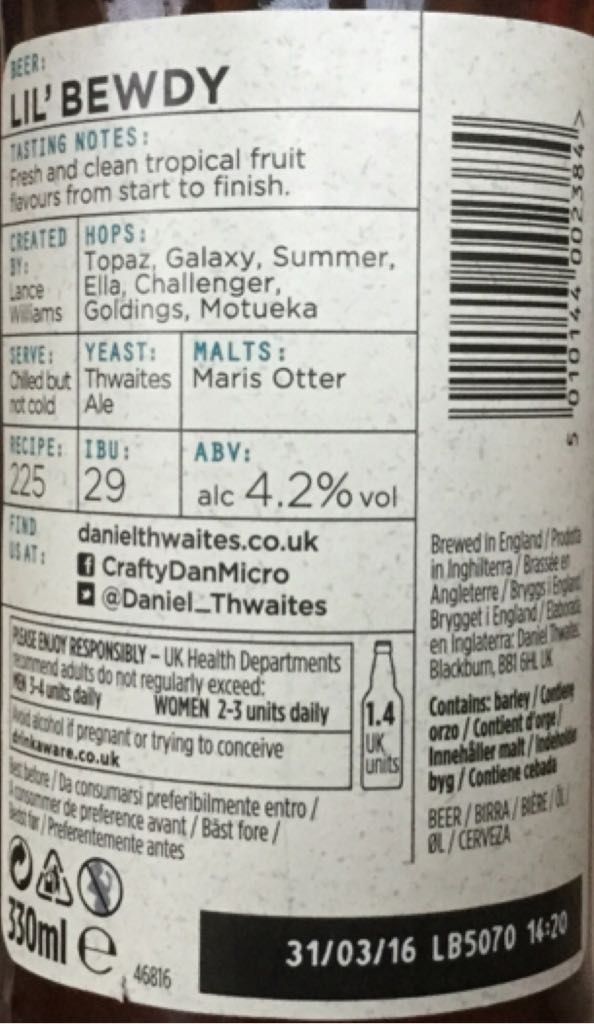 Lil’ Bewdy - Daniel Thwaites (330 mL) alcohol collectible [Barcode 5010144002384] - Main Image 2