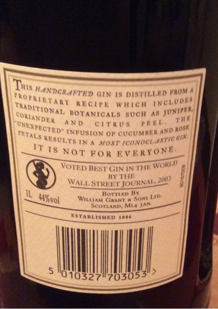 Hendrick’s Gin - William Grant & Sons Limited (1L) alcohol collectible [Barcode 5010327703053] - Main Image 2