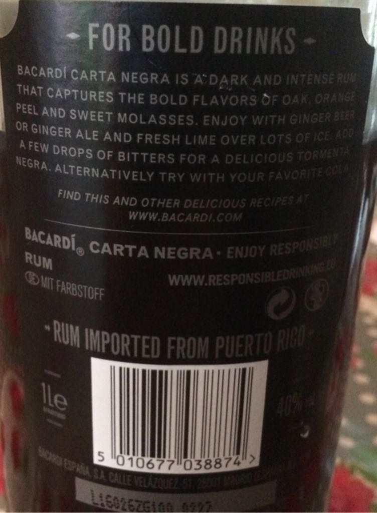 Bacardi Premium Black Rum - Bacardi Espana (1000 mL) alcohol collectible [Barcode 5010677038874] - Main Image 2