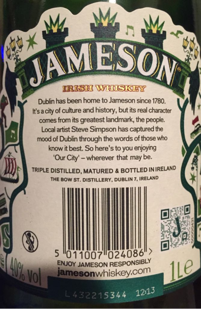Jameson Dublin - John Jameson & Son (1 L) alcohol collectible [Barcode 5011007024086] - Main Image 2