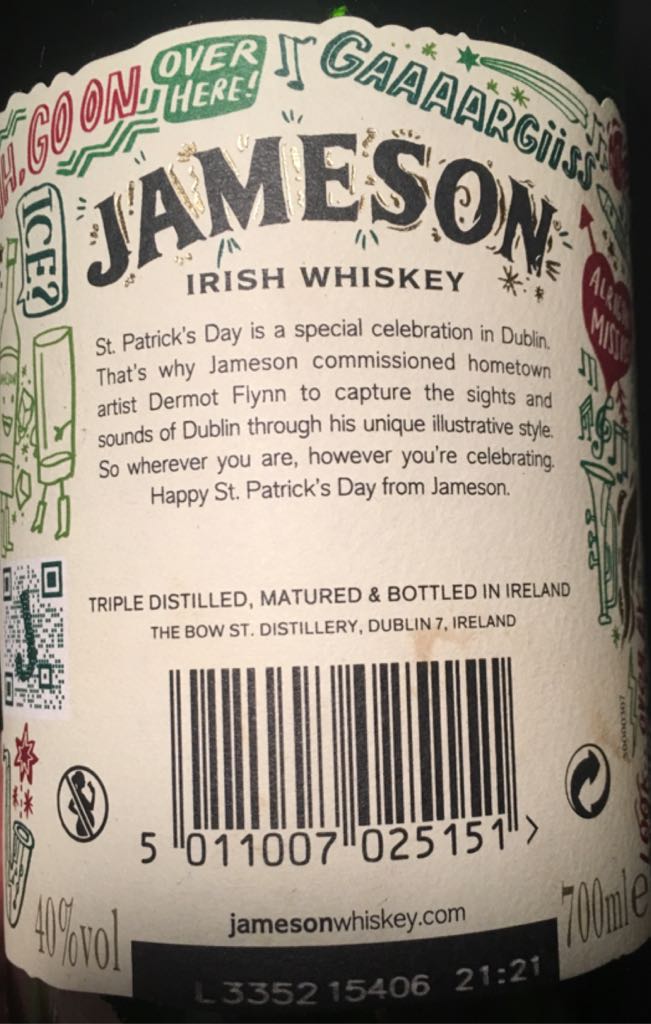 St.Patrick’s Day 2015 Limited Edition 700ml 40% - John Jameson & Son (700 mL) alcohol collectible [Barcode 5011007025151] - Main Image 2