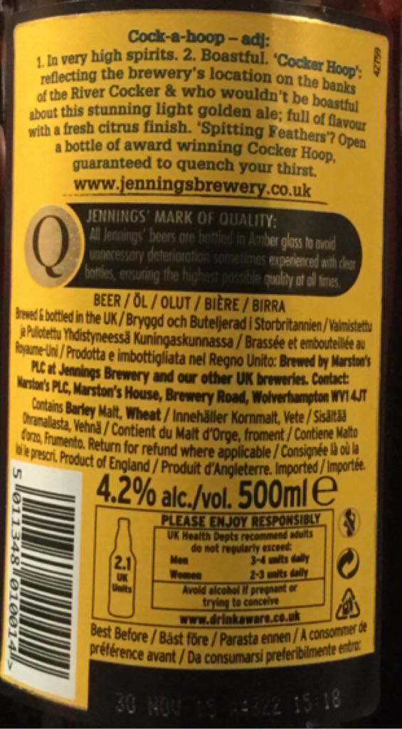 Cocker Hoop - Jennings (500 mL) alcohol collectible [Barcode 5011348010014] - Main Image 2