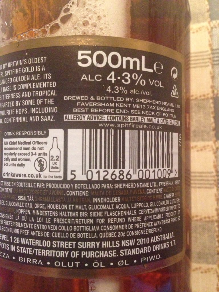 Spitfire Gold - Shepherd Neame (500 mL) alcohol collectible [Barcode 5012686001009] - Main Image 2