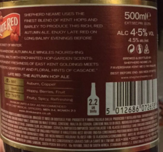 Late Red - Shepherd Neame (500 mL) alcohol collectible [Barcode 5012686072658] - Main Image 2