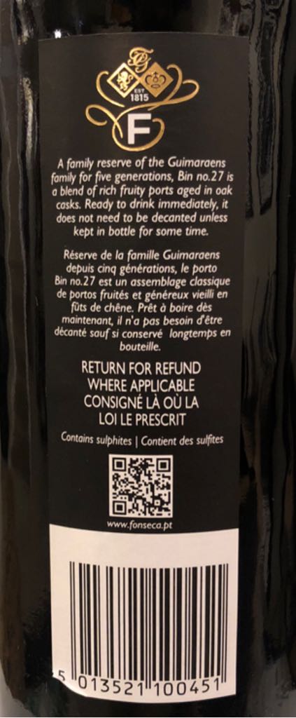 Fonseca Porto Bin 27 Special Boat Service - Fonseca Guimaraens (750 mL) alcohol collectible [Barcode 5013521100451] - Main Image 2