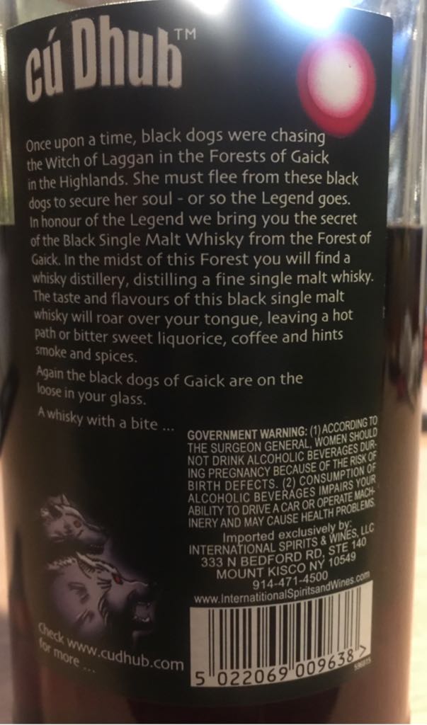 Cu Dhub - Cu Dudh Distilling Co (750 mL) alcohol collectible [Barcode 5022069009638] - Main Image 2