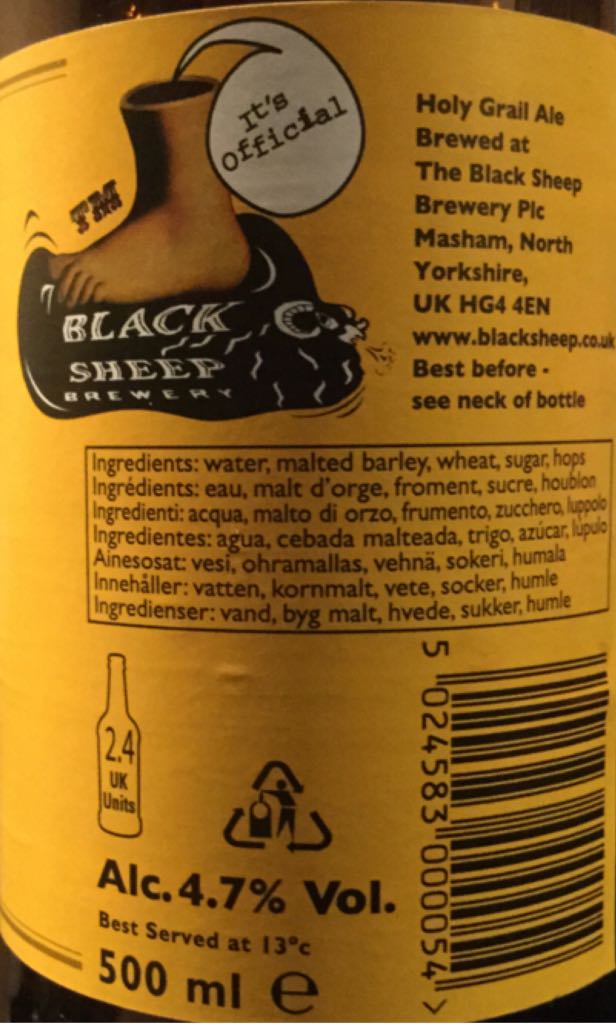 Monty Python’s Holy Grail - Black Sheep Brewery (500 mL) alcohol collectible [Barcode 5024583000054] - Main Image 2