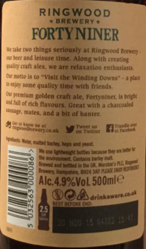 Forty Niner - Ringwood (500 mL) alcohol collectible [Barcode 5032563000086] - Main Image 2