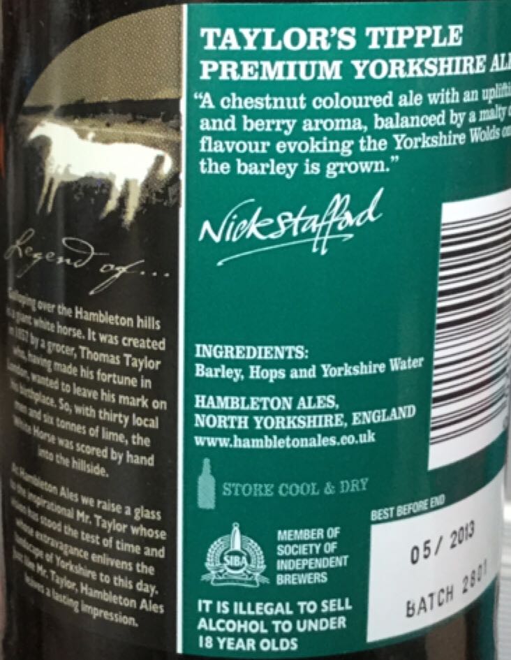 Taylor’s Tipple - Hambleton Ales (500 mL) alcohol collectible [Barcode 5035118000142] - Main Image 2