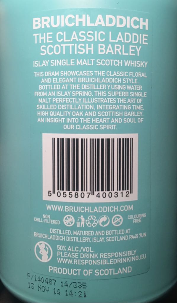 Bruichladdich The Classic Laddie - Bruichladdich Distillery (700 mL) alcohol collectible [Barcode 5055807400312] - Main Image 2