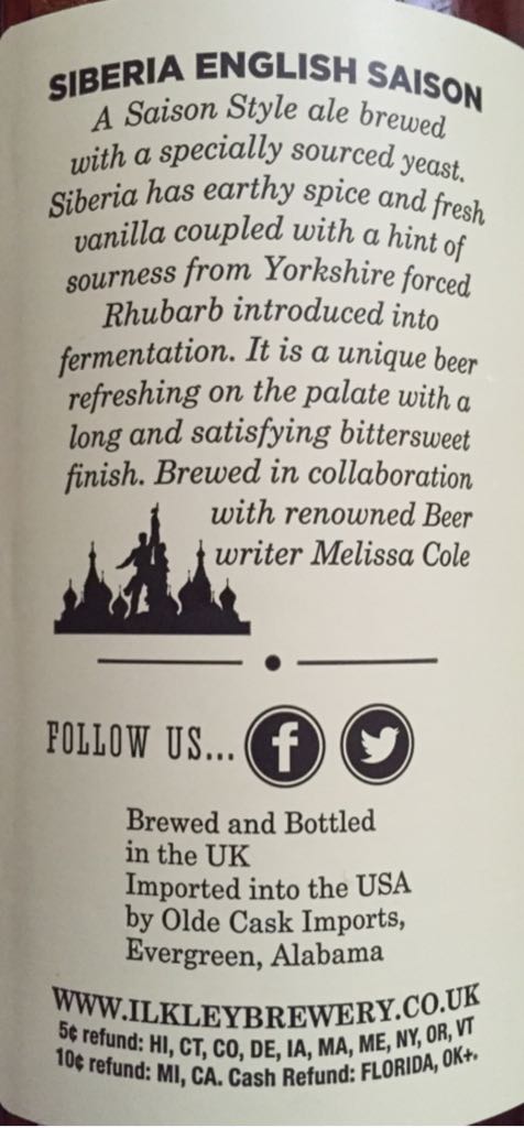Siberia Rhubarb Saison - The Ilkley Brewry Company (1 fl. oz.) alcohol collectible [Barcode 5060056111872] - Main Image 2