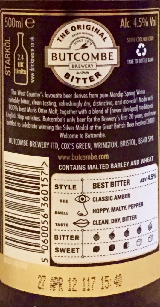 Butcombe Original Bitter - Butcombe Brewery (500 mL) alcohol collectible [Barcode 5060056360157] - Main Image 2