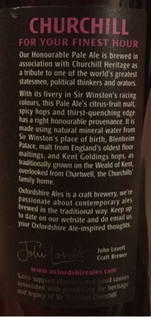 Churchill Honourable Pale Ale - Oxfordshire Ales (500 mL) alcohol collectible [Barcode 5060123680119] - Main Image 2