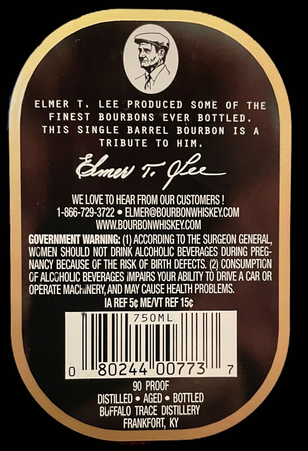 Elmer T. Lee 750ML - Buffalo Trace Distillery (750mL) alcohol collectible [Barcode 080244007737] - Main Image 3