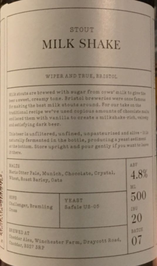 Stout Milk Shake - Wiper And True (500 mL) alcohol collectible [Barcode 5060408200216] - Main Image 2