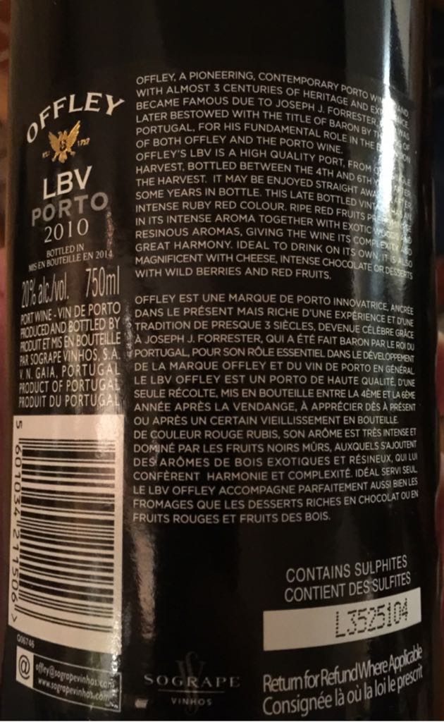 Offley Late Bottled Vintage 2010 - Sogrape Vinhos (750 mL) alcohol collectible [Barcode 5601034211506] - Main Image 2