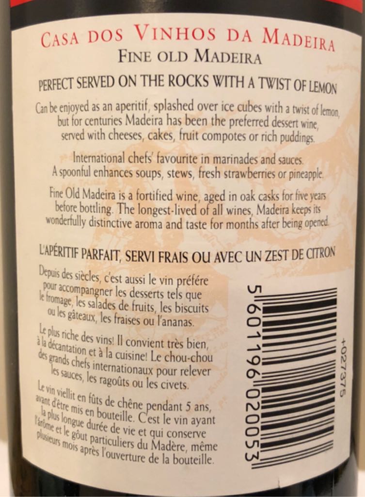 Madeira - Casa Dos Vinhos (750 mL) alcohol collectible [Barcode 5601196020053] - Main Image 2